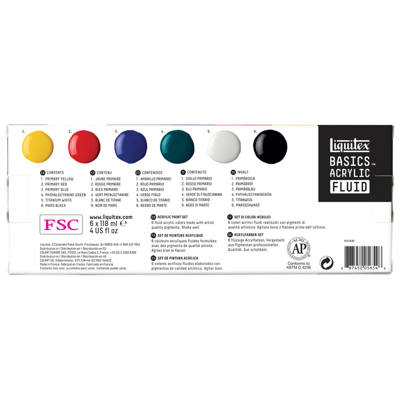 Liquitex Basics Acrylic Fluid Paints 118ml Set of 6