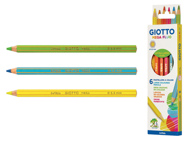 Giotto Mega Assorted Extra Large Fluo Colouring Pencils Pack of 6