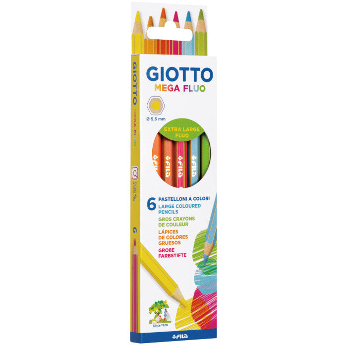 Giotto Mega Assorted Extra Large Fluo Colouring Pencils Pack of 6