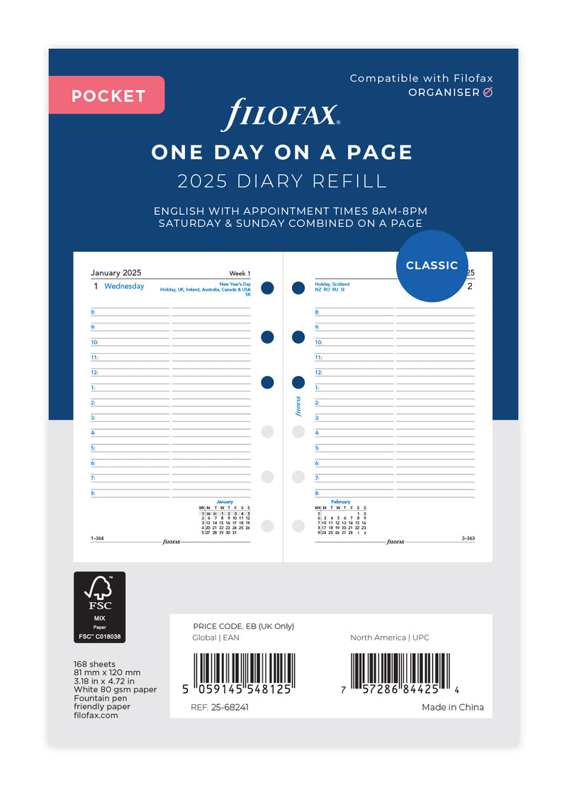 Filofax Classic Day Per Page With Appointments Pocket 2025 Refill