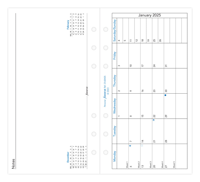 Filofax Classic Month To A Page With Notes Personal 2025 Refill