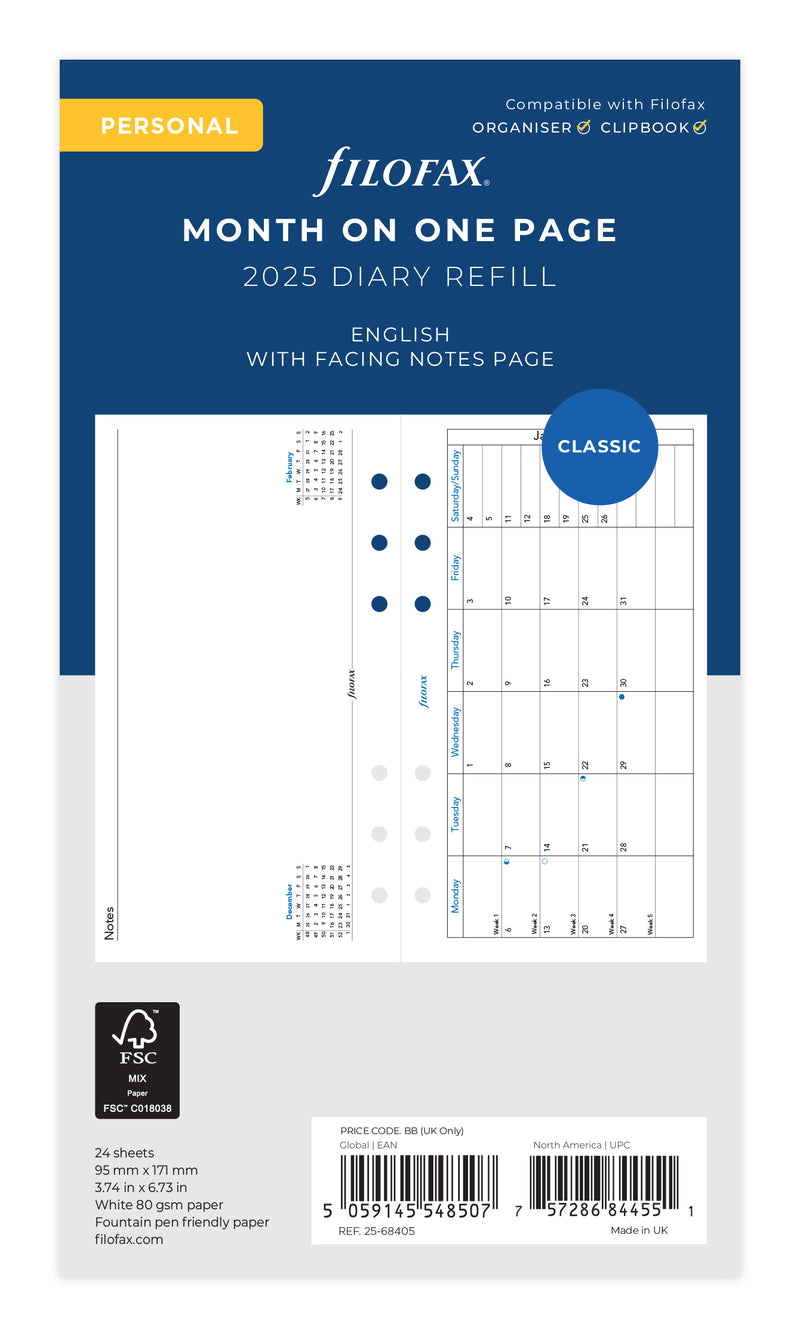 Filofax Classic Month To A Page With Notes Personal 2025 Refill