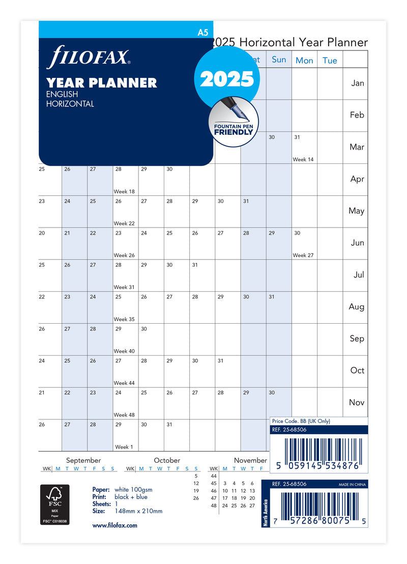 Filofax Year Planner Horizontal A5 2025 Refill