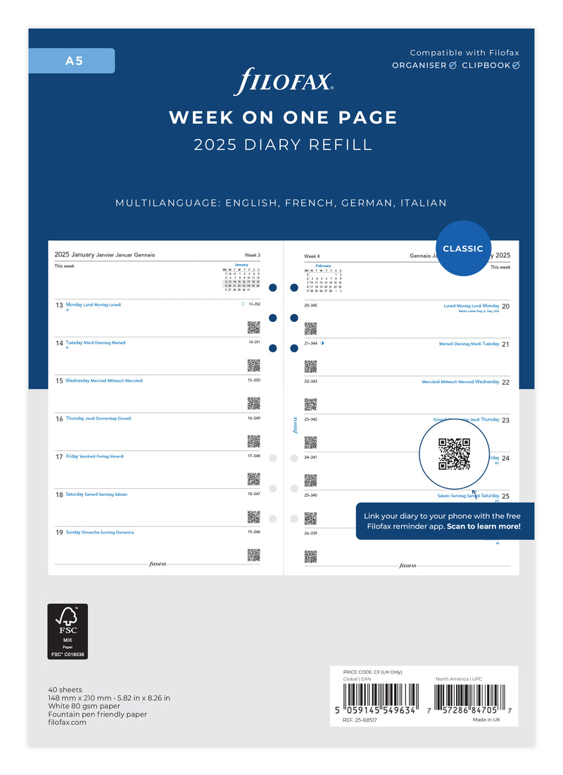 Filofax Classic Week Per Page A5 ML 2025 Refill