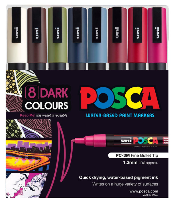 Uni Posca PC-3M 0.9-1.3mm Fine Dark Colour Markers Set of 8