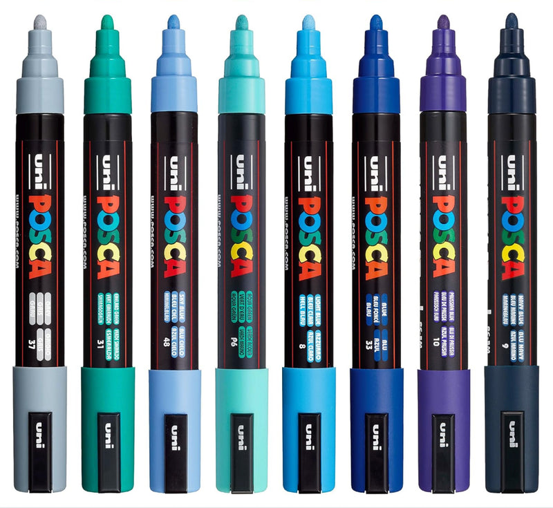 Uni Posca PC-5M 1.8-2.5mm Medium Bullet Cool Colour Markers Set of 8