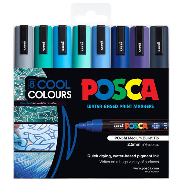 Uni Posca PC-5M 1.8-2.5mm Medium Bullet Cool Colour Markers Set of 8