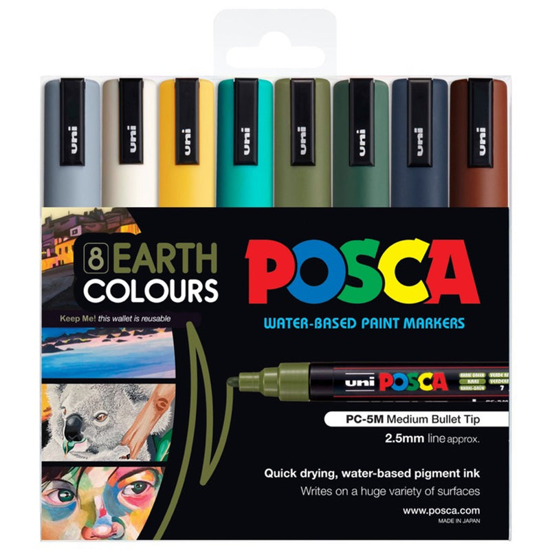 Uni Posca PC-5M 1.8-2.5mm Medium Bullet Earth Colour Markers Set of 8