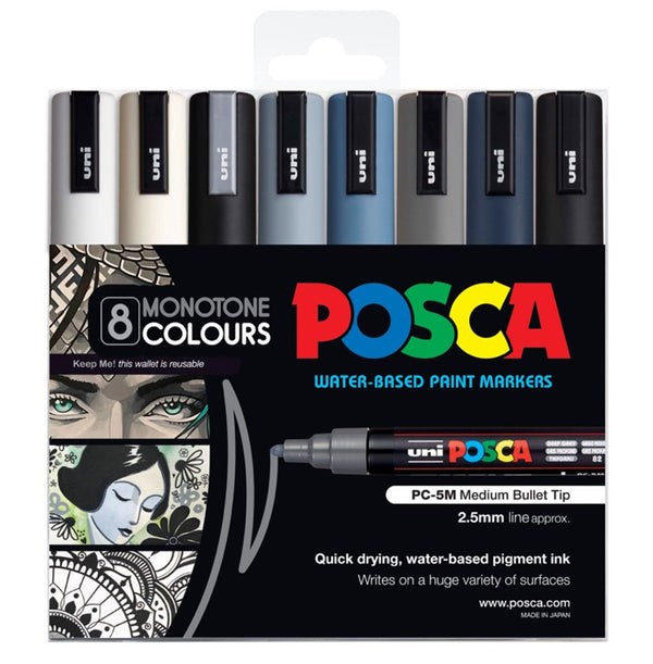 Uni Posca PC-5M 1.8-2.5mm Med Bullet Monotone Colour Markers Set of 8