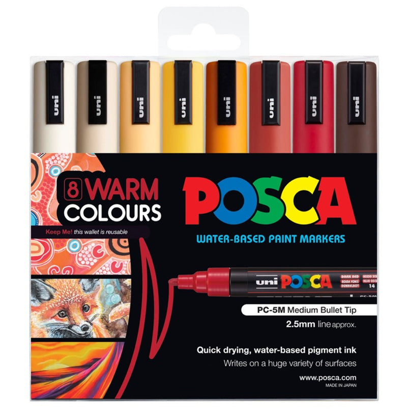 Uni Posca PC-5M 1.8-2.5mm Medium Bullet Warm Colour Markers Set of 8