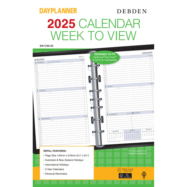 Debden Desk Week to View 2025 Dayplanner Refill