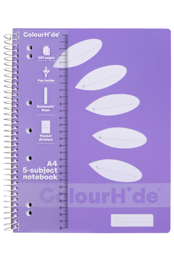 Colourhide A4 250 Page Lavender 5 Subject Book  - Pack Of 5