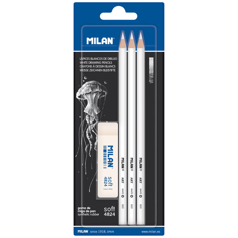 Milan White Drawing Pencils Set of 3 + Eraser