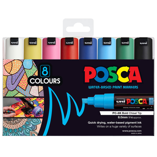 Uni Posca Markers PC-8K 8.0mm Bold Chisel Tips Assorted Colours - Pack of 8