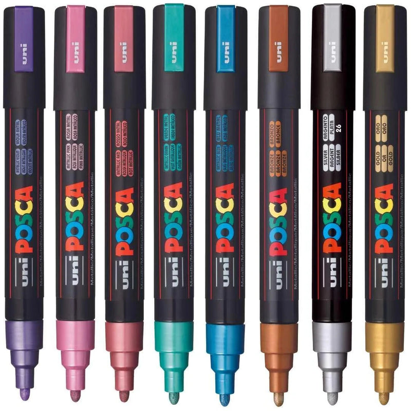 Uni Posca Markers PC-5M 1.8-2.5mm Medium Bullet Tip Metallic Colours - Set Of 8