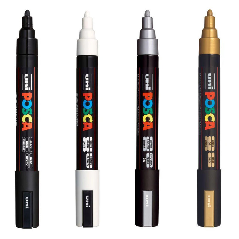 Uni Posca Markers PC-5M 1.8-2.5mm Med Bullet Black White Gold Silver Pack Of 4