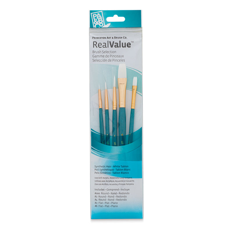 Princeton Real Value Brush Sets offer value and convenience across any media, surface, and technique! Each set includes an assortment of essential shapes.  • For acrylic, watercolour, and tempera • Lightly firm golden taklon bristles • Short seasoned hardwood handles • Seamless golden ferrules