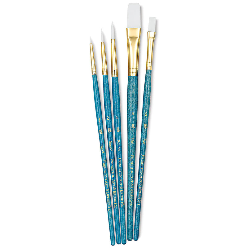 Princeton Real Value Brush Sets offer value and convenience across any media, surface, and technique! Each set includes an assortment of essential shapes.  • For acrylic, watercolour, and tempera • Lightly firm golden taklon bristles • Short seasoned hardwood handles • Seamless golden ferrules