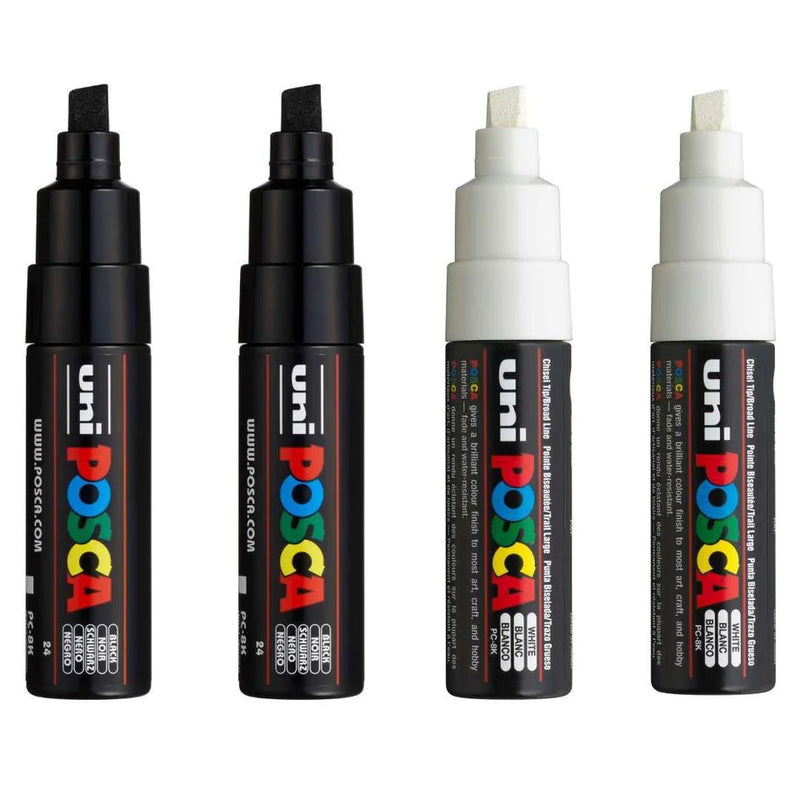 Uni Posca Markers PC-8K 8.0mm Bold Chisel Set of 4 Black & White