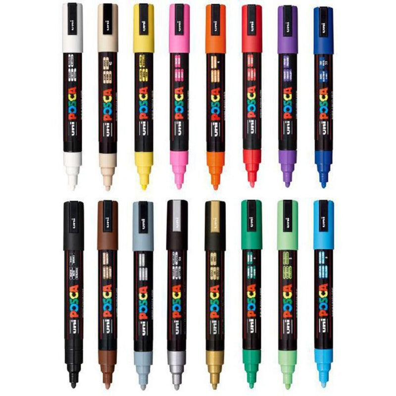 Uni Posca Markers PC-5M 1.8-2.5mm Medium Bullet Tip Assorted Colours - Set of 16