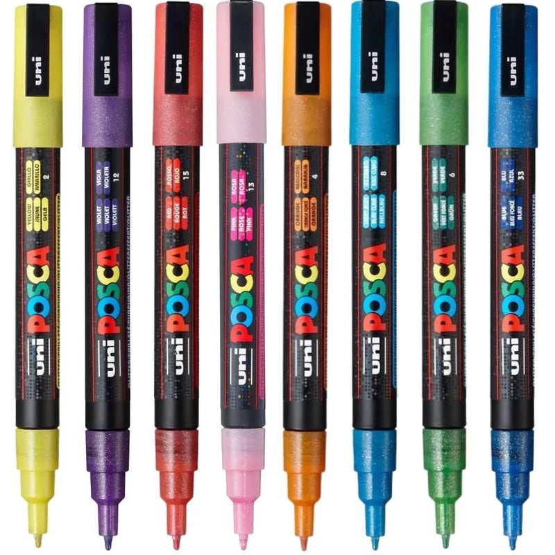 Uni Posca Markers PC-3M 0.9-1.3mm Fine Tip Glitter Colours - Set of 8