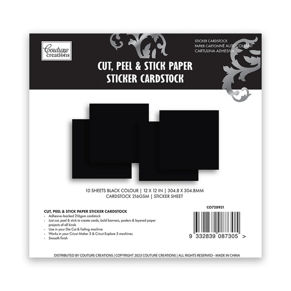 Couture Creations 12x12" 216gsm Cut, Peel & Stick Cardstock Pack of 10 Sheets#Colour_BLACK