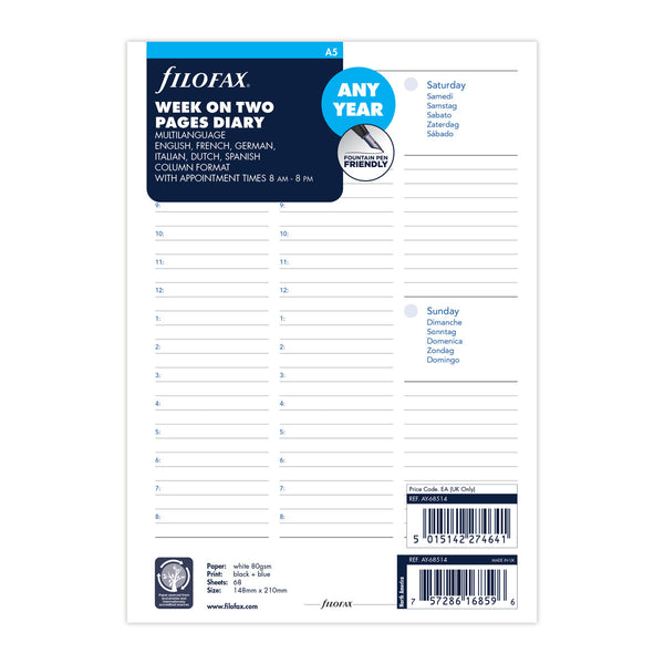 Filofax Any Year A5 Week to View Diary Refill