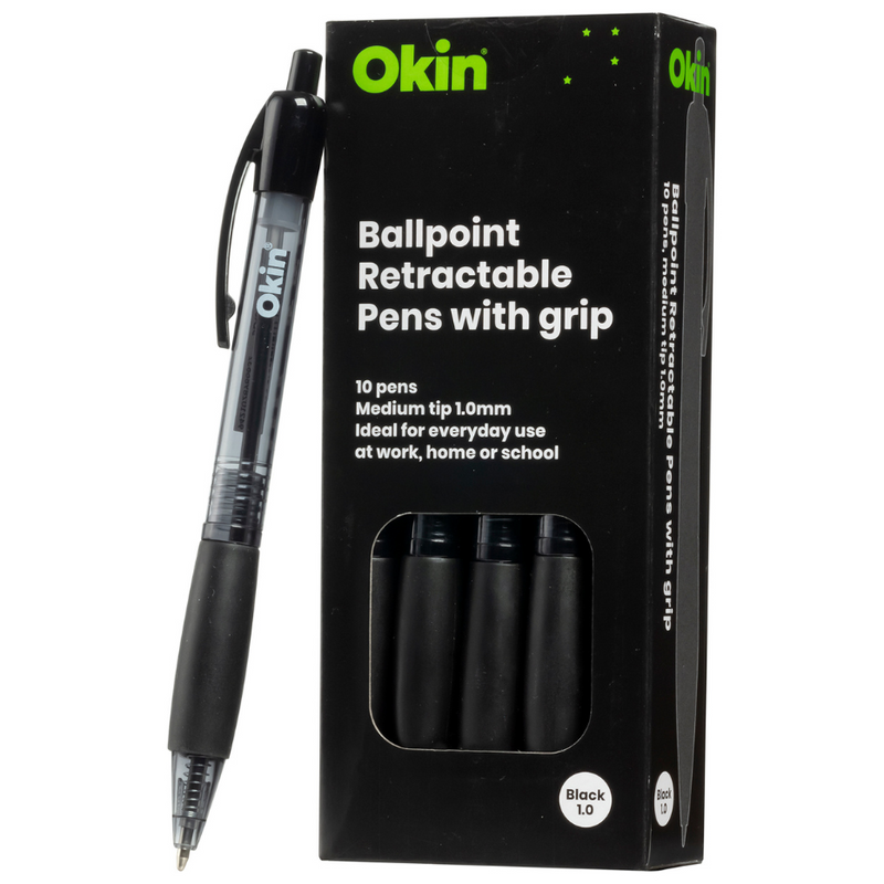 Okin Ballpoint Retractable Pen With Grip Medium - Pack Of 10