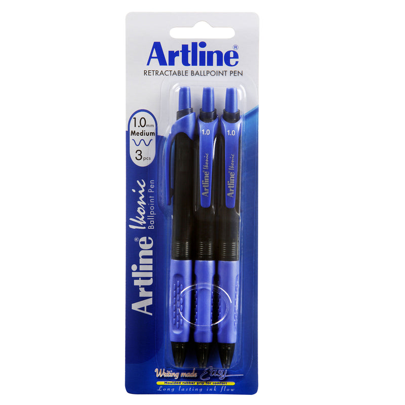 Artline Ikonic Retractable Grip Medium Blue Ballpoint Pens Pack Of 3