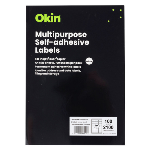 Okin Multipurpose Labels 63.5x38.1mm 21 Per Sheet