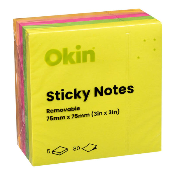 Okin Sticky Notes 75x75mm Neon 5 Pack