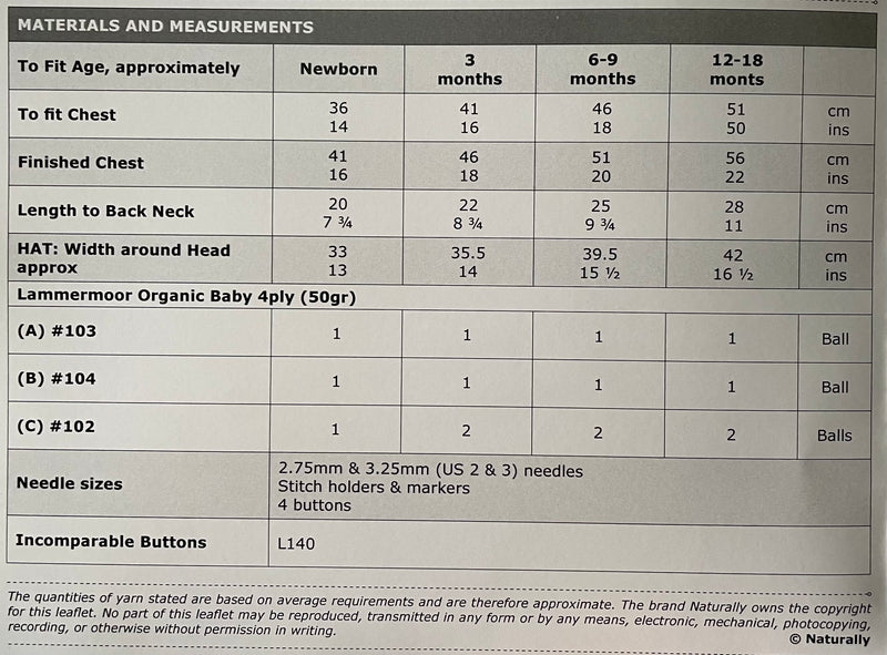 Naturally Pattern Leaflet Lammermmor Organic Baby 4plykids/Vest & Hat K436