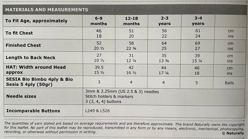 Naturally & Sesia Pattern Leaflet Bio Bimbo 5 Organic 4ply Kids/Jacket & Hat K487