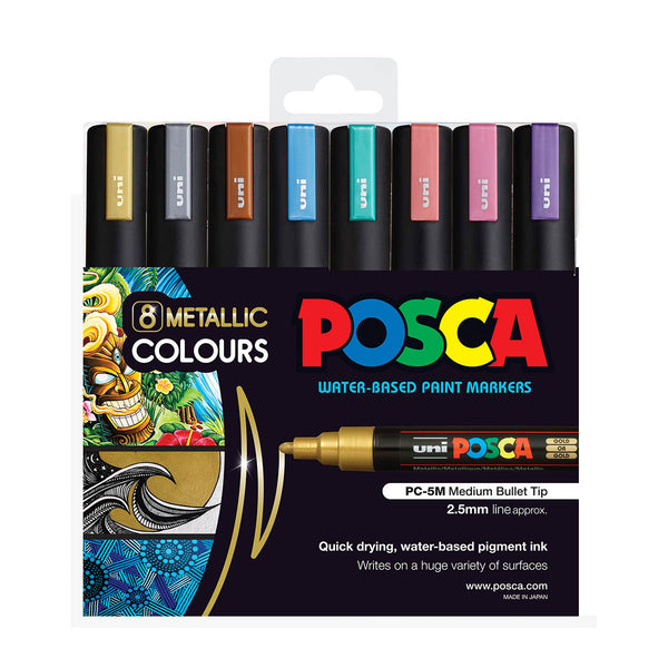 Uni Posca Markers PC-5M 1.8-2.5mm Medium Bullet Tip Metallic Colours - Set Of 8