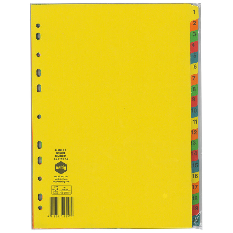 marbig® indices & dividers 1-20 tab manilla a4 brights