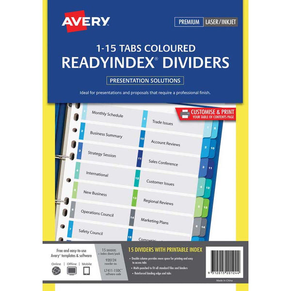 Avery Dividers A4 1-15 Tab Coloured Reinforced Manilla Dbl Column