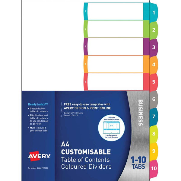 avery customisable table of contents a4 1-10 tabs coloured 