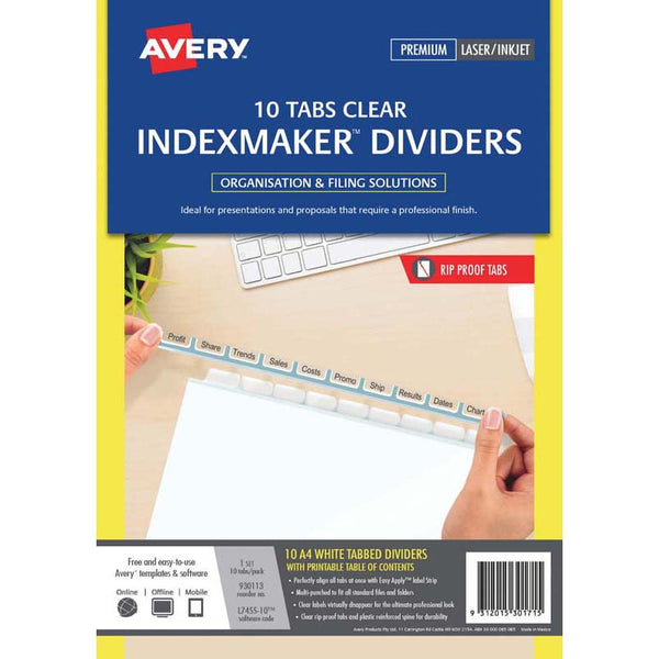 avery indexmaker a4 10 tab white with easy apply label l7455-10