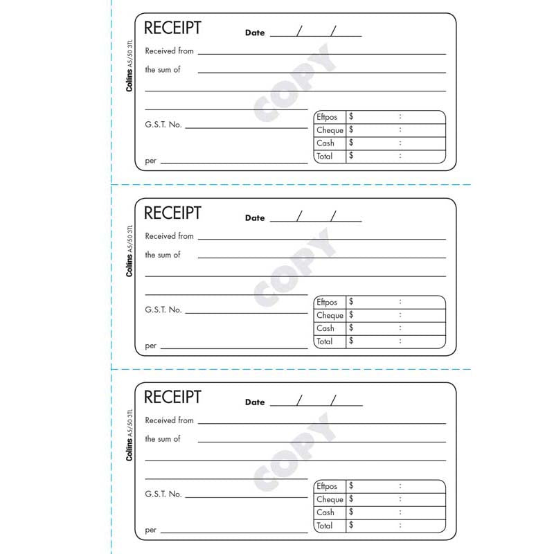 Collins Cash Receipt Book A5/50 3tl Triplicate No Carbon Required