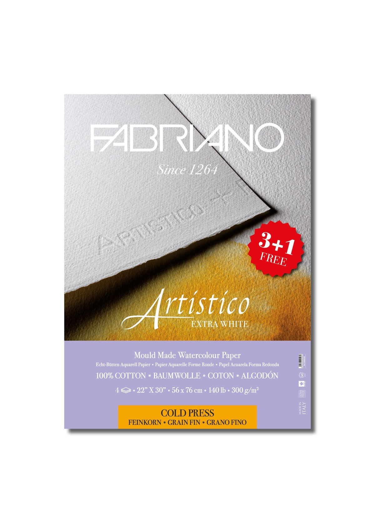 Fabriano Artistico Watercolor Paper - 22'' x 30'', Extra White, Hot Press,  Single Sheet